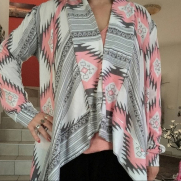 New Aztec print tribal open front boho cozy cardigan sweater top - Picture 5 of 5